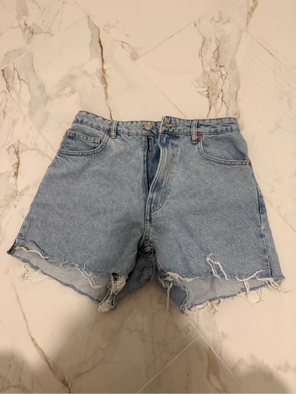 Zara Light Wash Distressed Denim Shorts - Frayed Hem